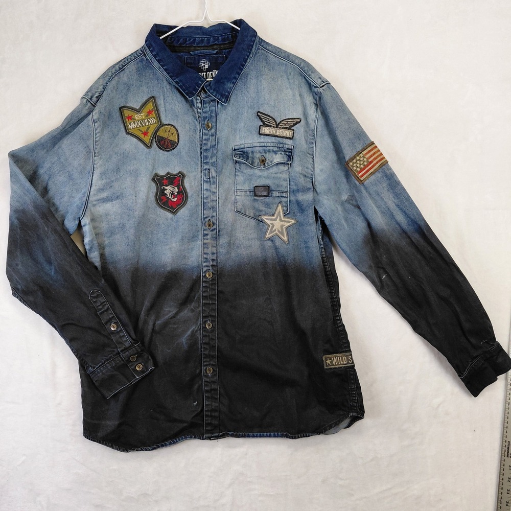DSTRKT Denim Men 2XL Ombre Dip Dye Patch Distressed Long Sleeve Shirt Blue Black